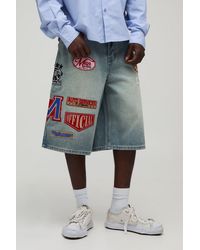 BoohooMAN - Longline Varsity Badge Washed Denim Jorts - Lyst