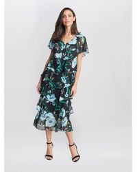 Gina Bacconi - Frances Printed Midi Tiered Dress With Trim - Lyst