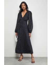 Warehouse - Sequin Embellished Fluffy Plunge Neck Midi Dress - Lyst