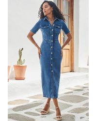 Sosandar - Short Sleeve Button Front Denim Midaxi Dress - Lyst