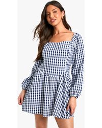 Boohoo - Gingham Long Sleeve Mini Dress - Lyst