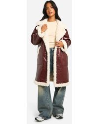 Boohoo - Petite Faux Leather Teddy Trim Longline Aviator Jacket - Lyst