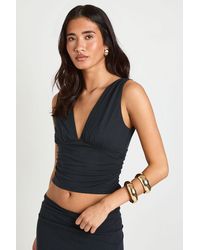 Boohoo - Cupro Ruched V Neck Vest Top - Lyst