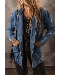 Azura Exchange - Sail Side Pockets Lapel Collar Denim Jacket Cotton - Lyst
