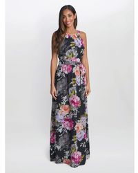 Gina Bacconi - Claudia Printed Halter Maxi Dress With Belt - Lyst