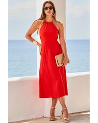 Sosandar - Linen Halter Neck Fit & Flare Dress Material_Linen - Lyst