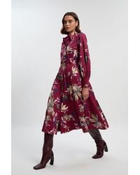 Karen Millen - Floral Print Cotton Sateen Woven Midi Shirt Dress - Lyst
