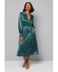 Wallis - Satin Collared Tie Waist Midi Dress - Lyst