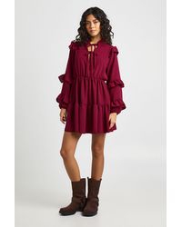 Boohoo - Hammered Ruffle Detail Tie Front Smock Dress - Lyst