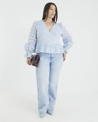 River Island - Blouse Long Sleeve Broderie Peplum Cotton - Lyst