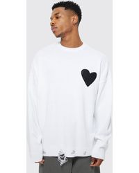 BoohooMAN - Oversized Distressed Hem And Heart Detail Jumper - Lyst