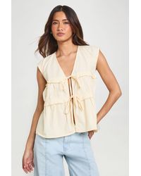 Boohoo - Poplin Tie Front Ruffle Smock Top - Lyst