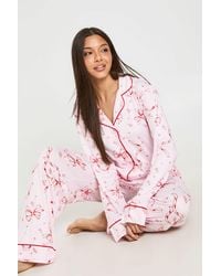 Boohoo - Bow Print Piping Detail Long Sleeve & Trouser Pyjama Set - Lyst