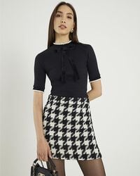 River Island - Top Short Sleeve Ribbed Bow Neck Cotton - Lyst