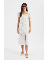 Hiccup - Floral Square Neck Puff Sleeves Midi Dress With A Side Slit - Lyst
