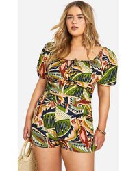 Boohoo - Plus Linen Feel Paisley Print Puff Sleeve Ruched Crop Top - Lyst