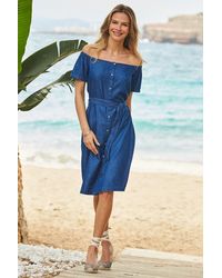 Sosandar - Button Front Bardot Denim Dress Cotton - Lyst
