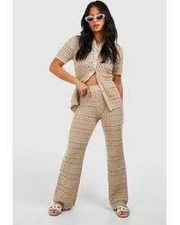 Boohoo - Petite Crochet Knitted Shirt And Wide Leg Trouser Co-Ord - Lyst