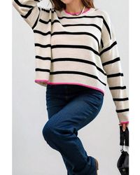 Azura Exchange - Dames Gestreepte Trui Met Roze Rand Casual Lange Mouwen Pullover - Lyst