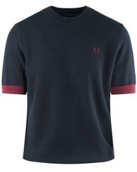 Fred Perry - Contrast Trim Laurel Wreath Logo Knitted Navy Blue T-shirt - Lyst