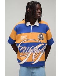 BoohooMAN - Oversized Boy Half Sleeve Applique Stripe Interlock Rugby Polo - Lyst