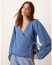 ASOS - Denim Long Sleeve Wrap Top - Lyst