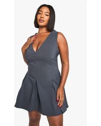 Boohoo - Plus Bengaline Plunge Pleated Skirt Mini Dress - Lyst