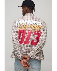 BoohooMAN - Oversized Moto Print Checked Long Sleeve Shirt - Lyst