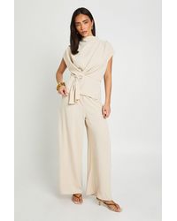 Boohoo - Petite Hammered Knot Front Cowl Neck Blouse Wide Leg Trouser Co-Ord - Lyst