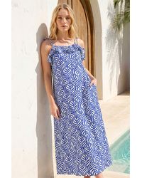 Roman - Leaf Print Frill Midi Dress - Lyst