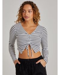Pink Vanilla - Striped Tie Front Ribbed Crop Top - Lyst
