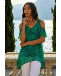 Roman - Leaf Print Cold Shoulder Top - Lyst