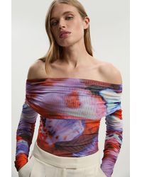 Karen Millen - Floral Printed Mesh Off The Shoulder Bodysuit - Lyst