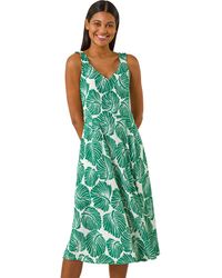 Roman - Leaf Print V-Neck Stretch Midi Dress - Lyst