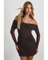 Boohoo - Mesh Twist Front Bardot Mini Dress - Lyst