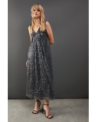 Warehouse - Sequin Mesh V Neck Trapeze Midi Dress - Lyst