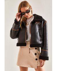 Bianco Lucci - Faux Leather Boxy Crop Jacket With Shawl Collar - Lyst