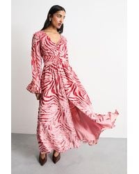 Warehouse - Burnout Velvet Plunge Neck Flared Sleeve Belted Maxi Dress - Lyst
