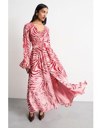 Warehouse - Burnout Velvet Plunge Neck Flared Sleeve Belted Maxi Dress - Lyst