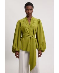 Karen Millen - Poplin Embroidered Detail Belted Blouse - Lyst
