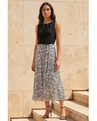 Roman - Pleat Neck Contrast Print Midi Dress - Lyst