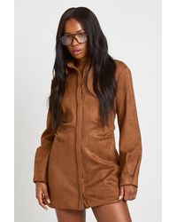 Boohoo - Faux Suede Cinched Waist Collared Mini Dress - Lyst