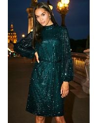 Sosandar - Emerald Sequin High Neck Belted Shift Dress Metallic - Lyst