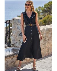 Sosandar - Linen Blend Ruffle Detail Midi Dress With Raffia Belt - Lyst