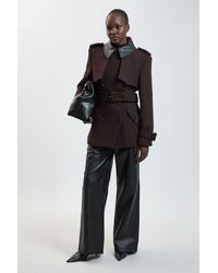 Karen Millen - Wool & Faux Leather Detail Short Pea Coat - Lyst
