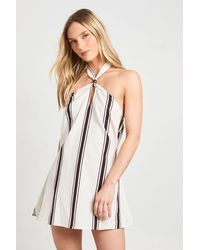 Boohoo - Petite Linen Stripe Beaded Mini Swing Dress - Lyst