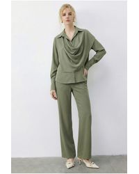 Bianco Lucci - Shawl Detailed Blouse And High Waist Wide Leg Pants Two-Piece Set - Lyst