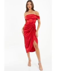 Quiz - Red Satin Ruched Cold Shoulder Midi Dress - Lyst