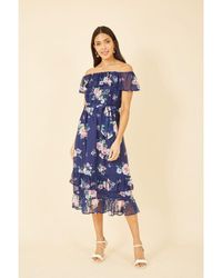 Yumi' - Floral Bardot Midi Dress With Frill Hem - Lyst