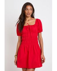 Boohoo - Tall Cotton Poplin Shirred Bodice Puff Sleeve Mini Dress - Lyst